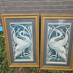 Framed Pair of Blue & White Heron Prints with Ornate Gold Frames